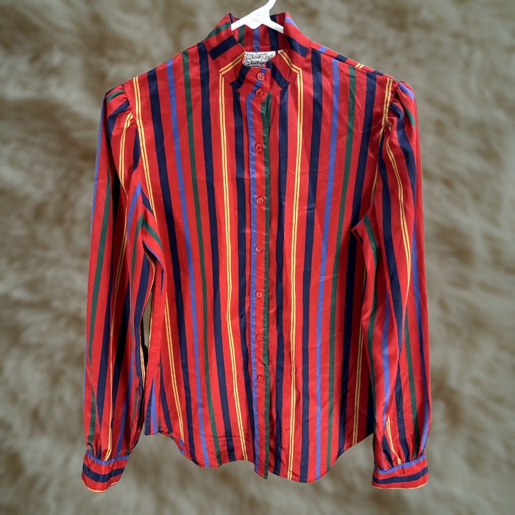 Vintage Vintage The Villager Red Striped Shirt Blouse Mock Neck Puff Sleeve Sz 6 Womens Size M / US 6-8 / IT 42-44 - 1 Thumbnail