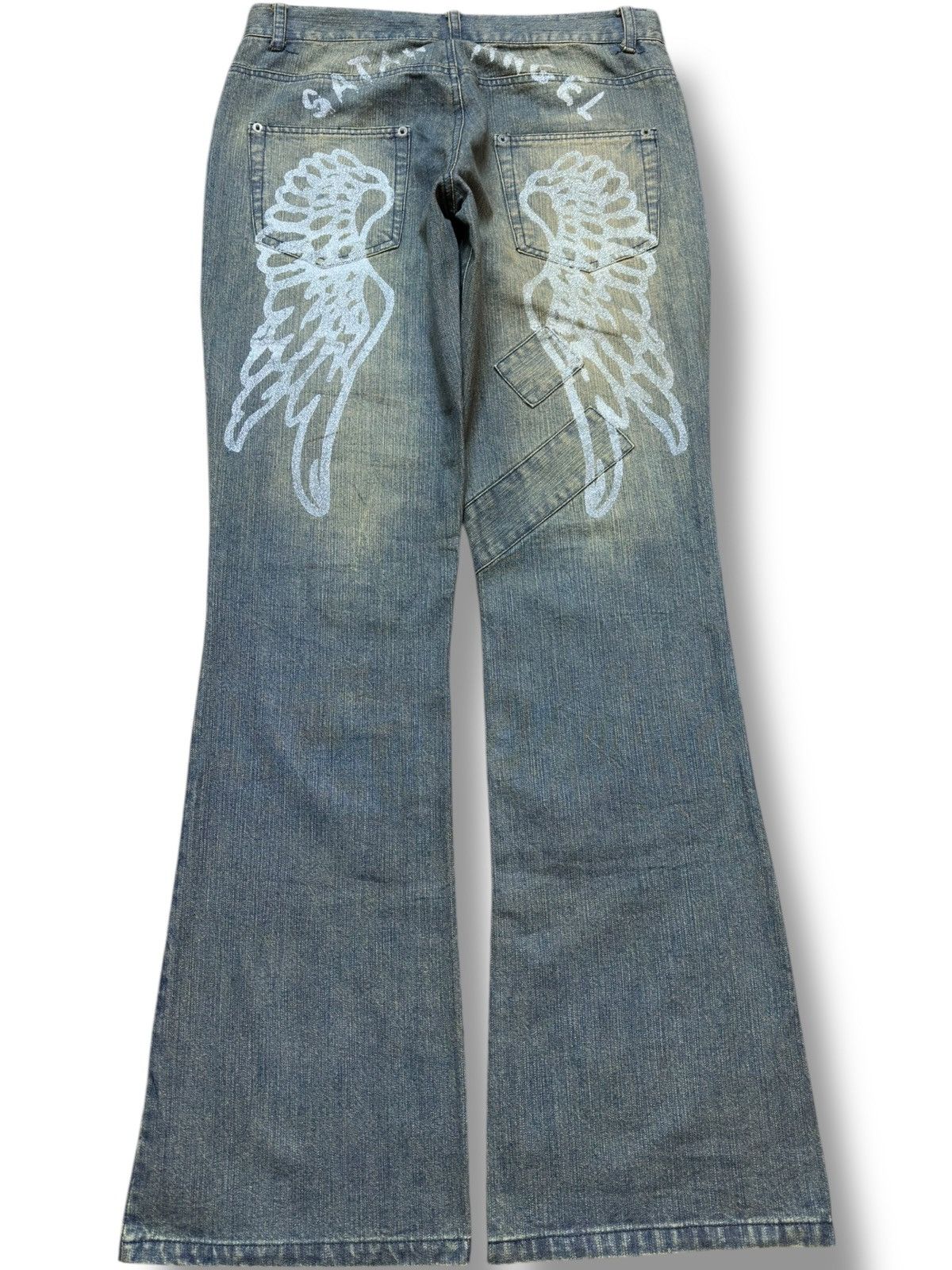 If Six Was Nine Vintage Lav Flare Satan Angel Printed Mudwash Denim Size US 33 - 7 Thumbnail
