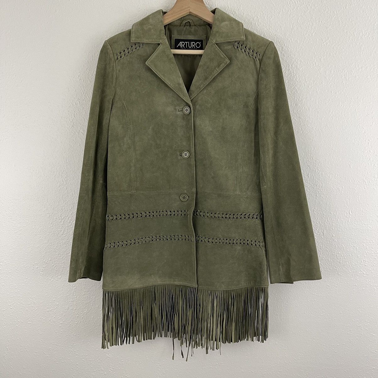 Vintage ARTURO Vintage 90s Green Suede Leather Grunge Fringe Jacket Size M / US 6-8 / IT 42-44 - 3 Thumbnail