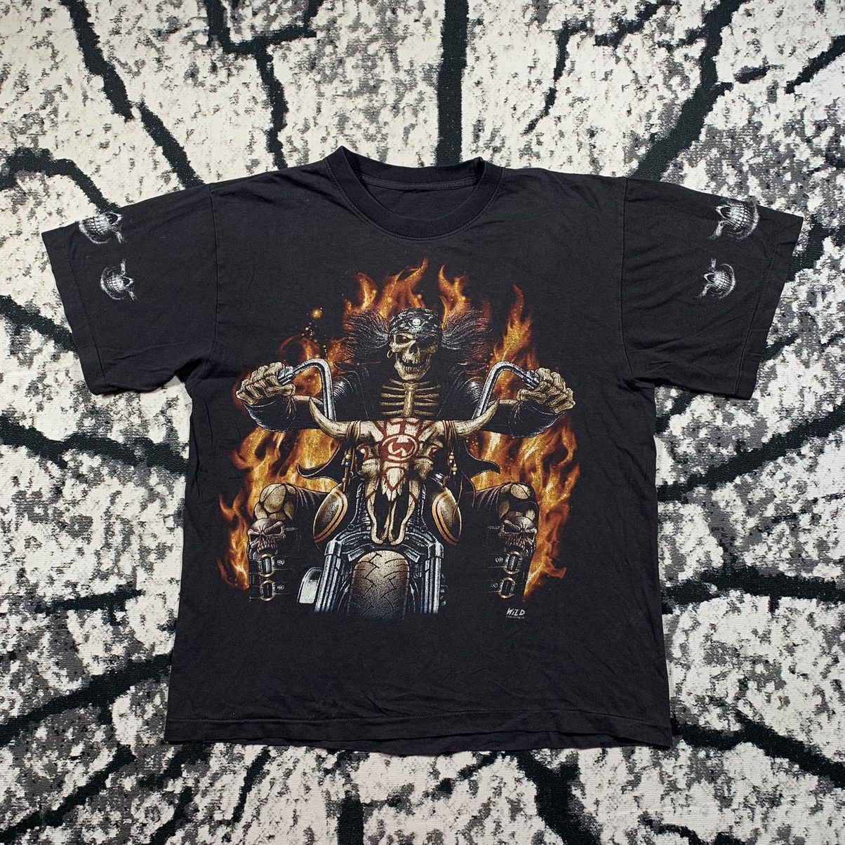 Vintage Vintage 90’s Wild Skeleton Motorcycle Tshirt Tee Skull Aop Size US M / EU 48-50 / 2 - 1 Thumbnail