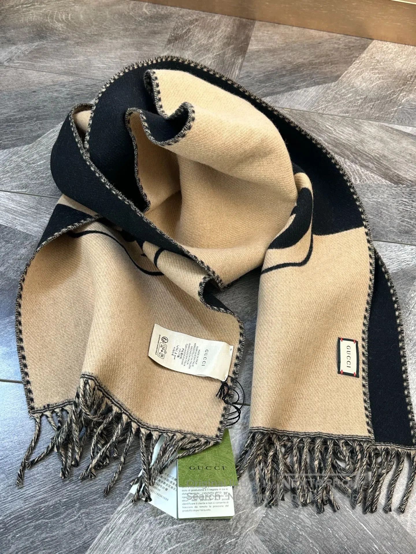 Gucci Gucci New Khaki Black Logo Fringe Scarf. Size ONE SIZE - 6 Thumbnail