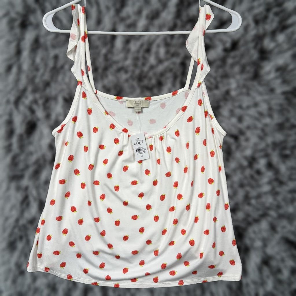 Loft LOFT Outlet Sleep Cami Pajama Top Women M White Strawberry Print Coquette Cottagecore Kawaii Nature Graphic Print Size M / US 6-8 / IT 42-44 - 1 Thumbnail