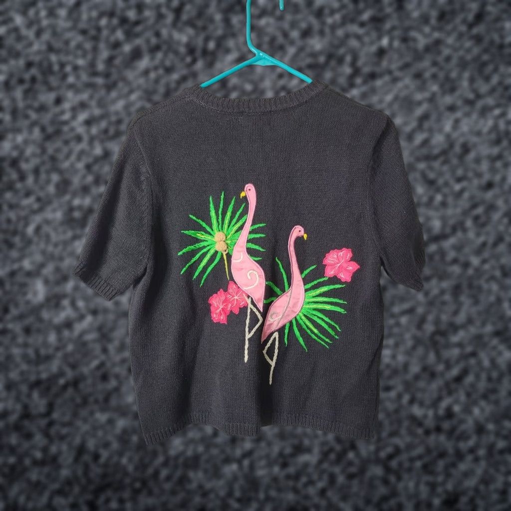 Vintage VINTAGE Designers Studio Originals Cardigan Sweater Womens M Black Pink Tropical Flamingo Embroidered Cropped Button Ribbed Hem Swing 90s Mens Womens Size M / US 6-8 / IT 42-44 - 1 Thumbnail