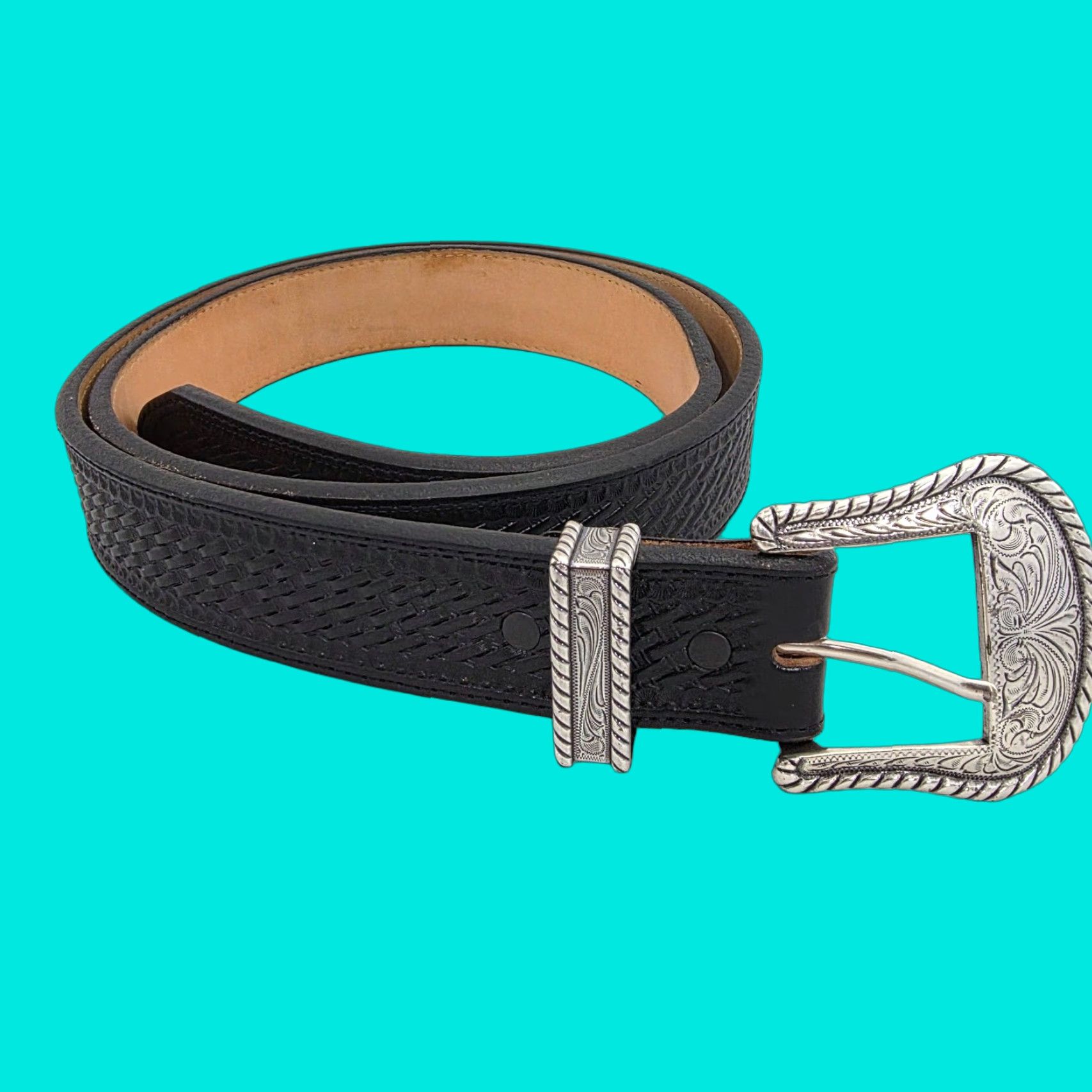 Vintage Justin Men's Bronco Western Belt Basketweave Leather Black 44 1-1/2" Buckle Classic Cowboy Style Size 44 - 1 Thumbnail