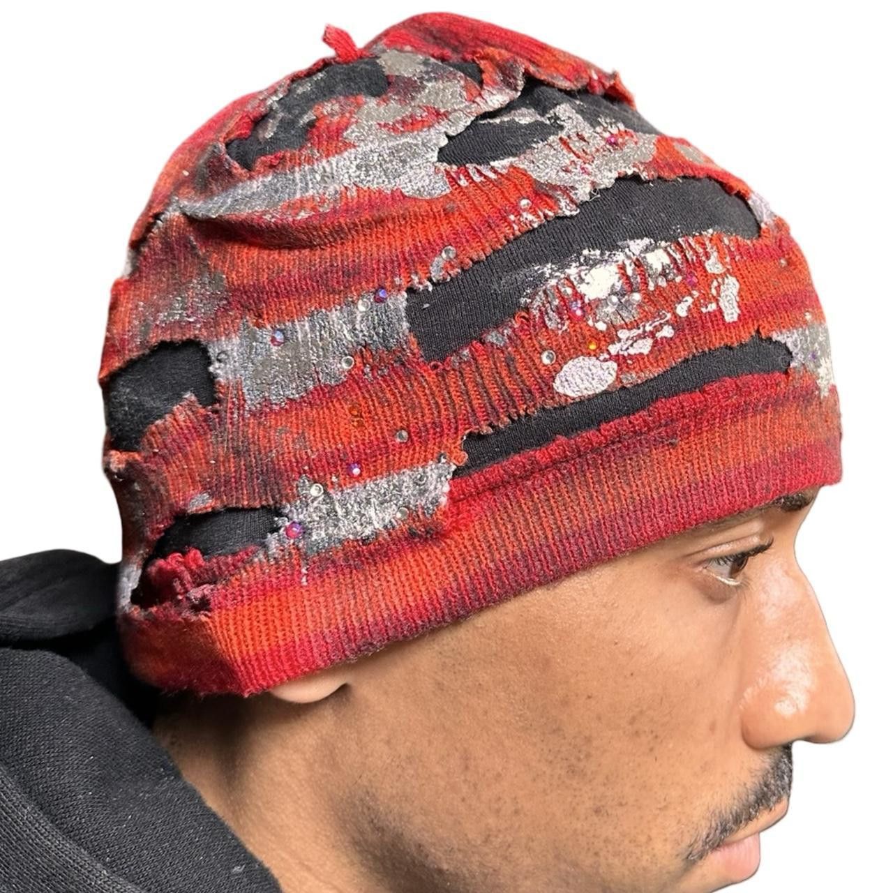 Other ASTROBOI* Orange and Red Striped Cutout Rhinestone Beanie Size ONE SIZE - 5 Thumbnail