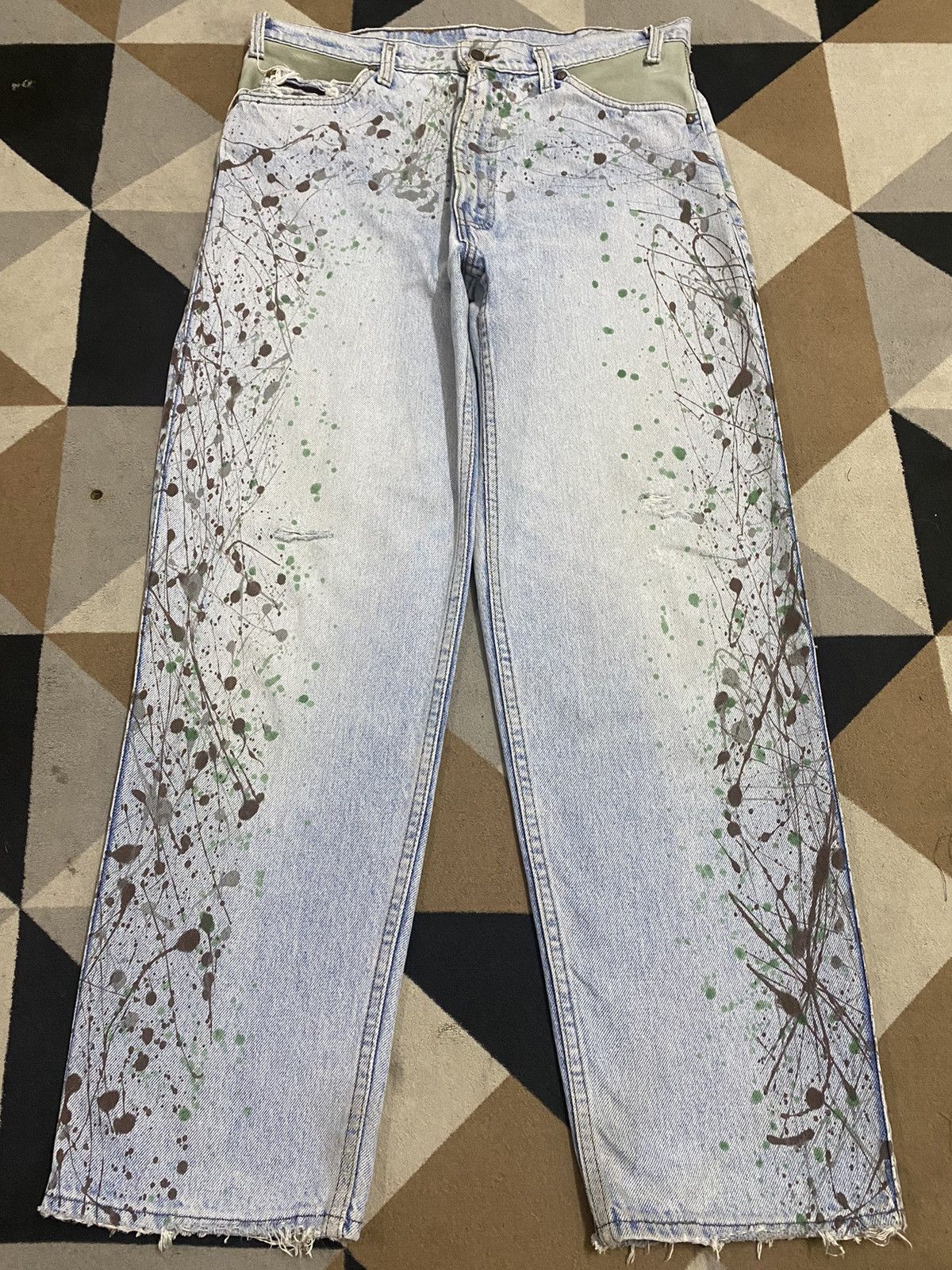 Levi's Made & Crafted Vintage 90’s Levis Leather Hybrid Denim Paint Splatter Jeans Size US 33 - 1 Thumbnail