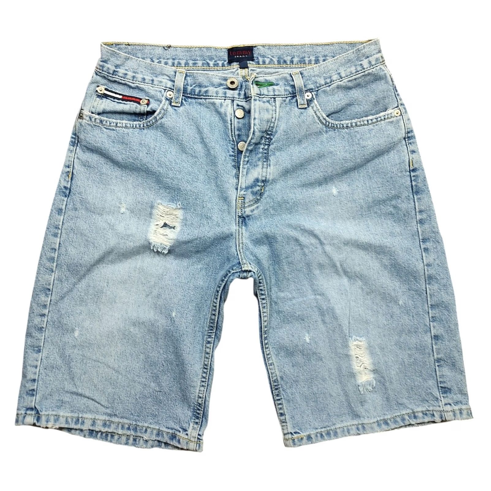Tommy Hilfiger VINTAGE Tommy Hilfiger Flag Logo Distressed Light Wash Denim Shorts Button Fly 11/31 Women 31 Blue 90s Flag Casual Shorts Size 24" / US 00 / IT 34 - 2 Thumbnail