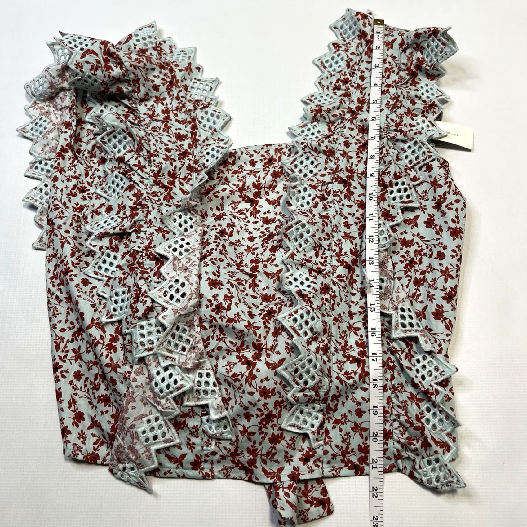 Anthropologie Anthropologie Blouse Multicolor Floral Eyelet Sleeveless Trina Back Bow Square Neck Tie Cropped 100% Cotton S/NIB Size S / US 4 / IT 40 - 4 Thumbnail