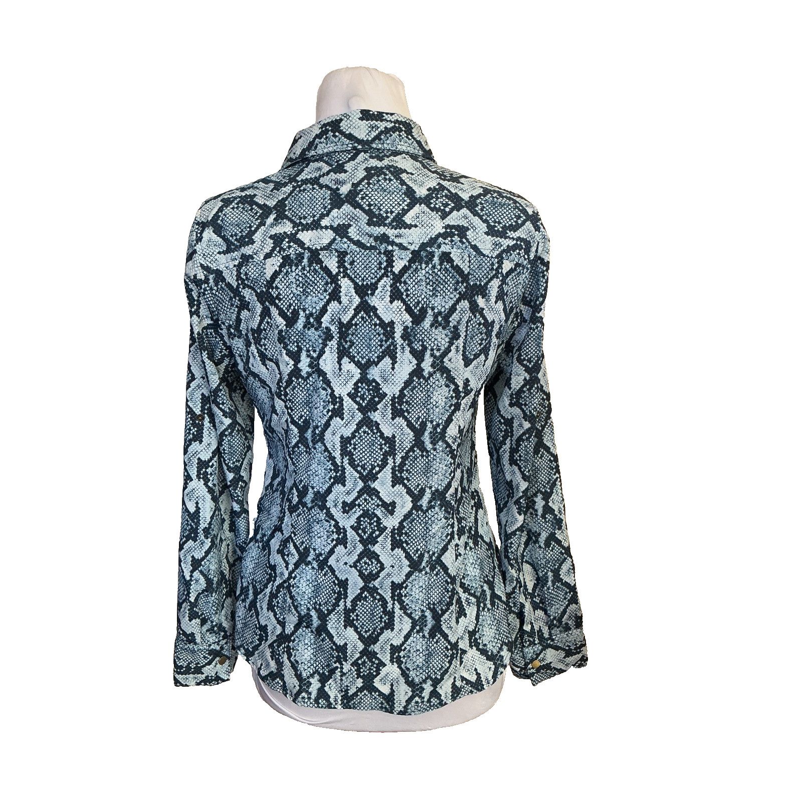 Michael Kors MICHAEL KORS TURQUOISE BLUE SNAKESKIN LONG SLEEVE ZIP BLOUSE Size S / US 4 / IT 40 - 4 Thumbnail