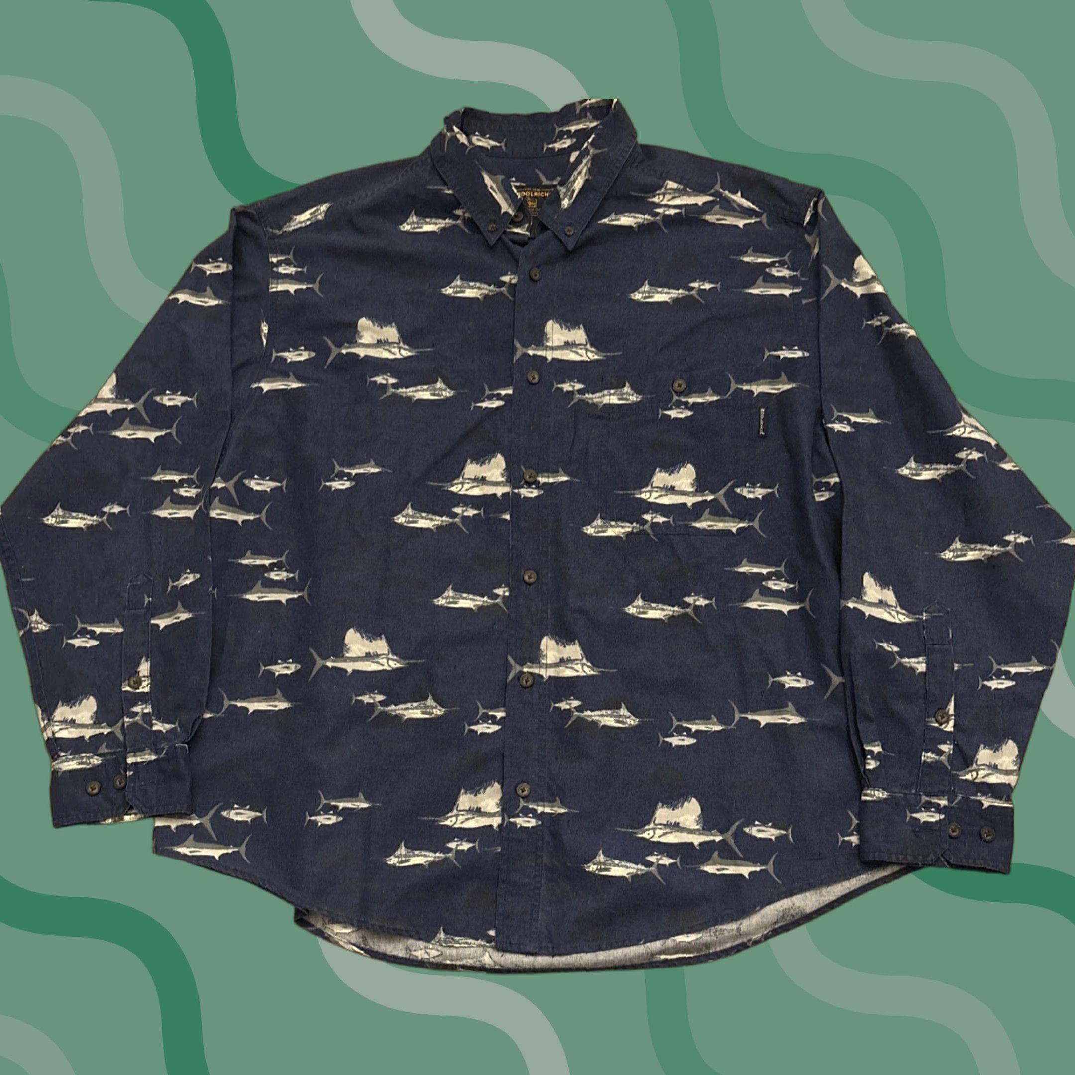 Vintage Woolrich Button-Up Shirt Long Sleeve 2XL Blue Fish Pattern Outdoor Casual Mens Size US XXL / EU 58 / 5 - 1 Thumbnail