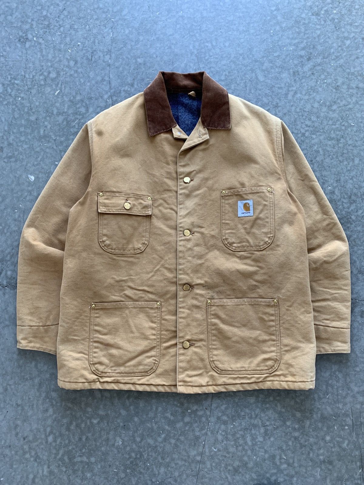 Image of Crazy Vintage 90's Carhartt Chore Jacket Sunfaded Blanket in Tan, Men's (Size XL)