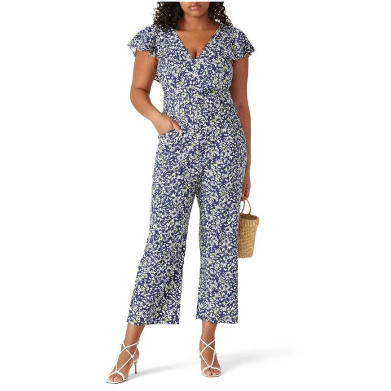 image of Tanya Taylor Avalon Jumpsuit Linen Blend V-Neck Floral Navy in Blue, Women's (Size 30)