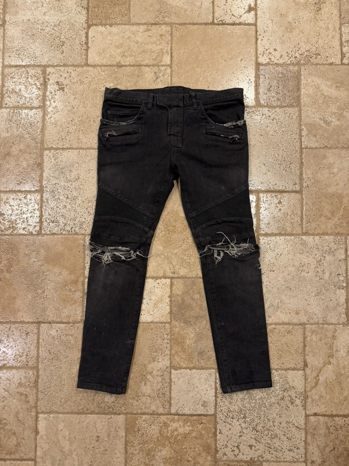 Balmain Balmain Moto Biker Distressed Stone Dark Gray Denim Jeans Size US 36 / EU 52 - 1 Thumbnail