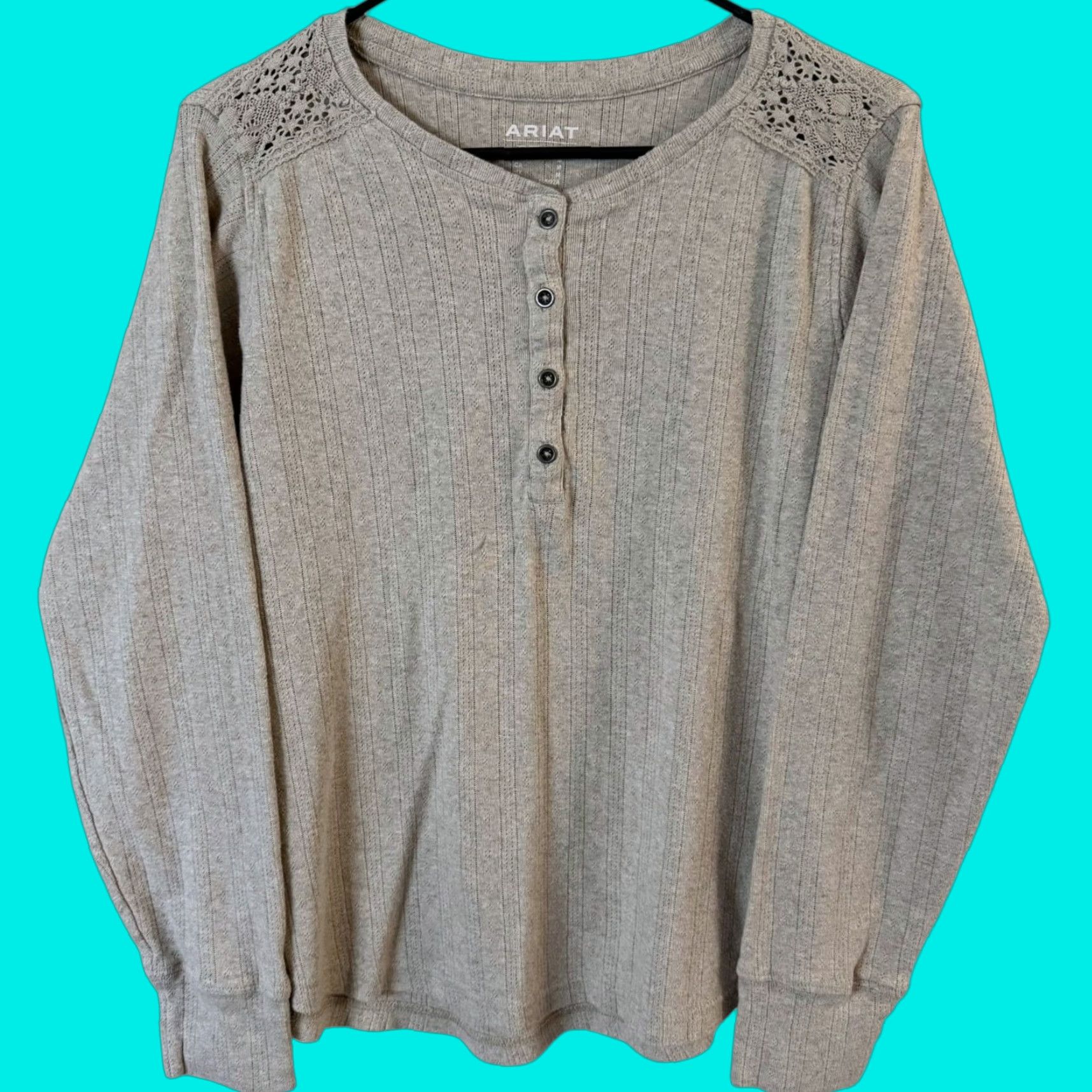 Ariat Ariat Crochet Lace Henley Shirt Top Beige Women's Medium Long Sleeve 100% Cotton Bohemian Classic Size M / US 6-8 / IT 42-44 - 1 Thumbnail