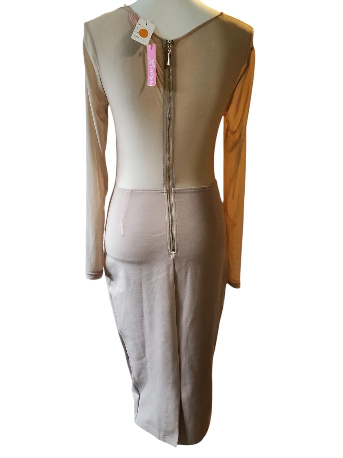 Designer Beige Long Sleeve Cutout Bodycon Dress by XTaren Size S / US 4 / IT 40 - 5 Thumbnail