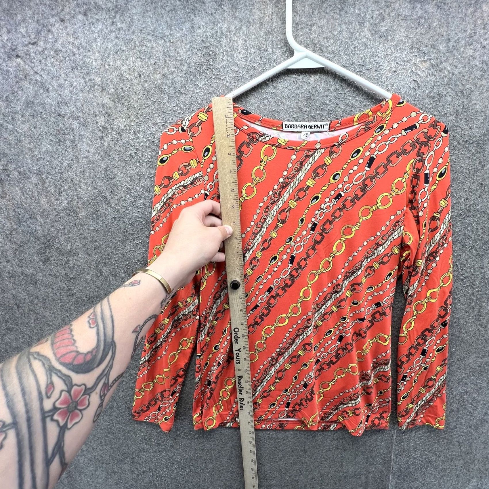 Vintage Barbara Gerwit Blouse Womens XS Orange Chain Print Long Sleeve Stretch Top Size XS / US 0-2 / IT 36-38 - 4 Thumbnail