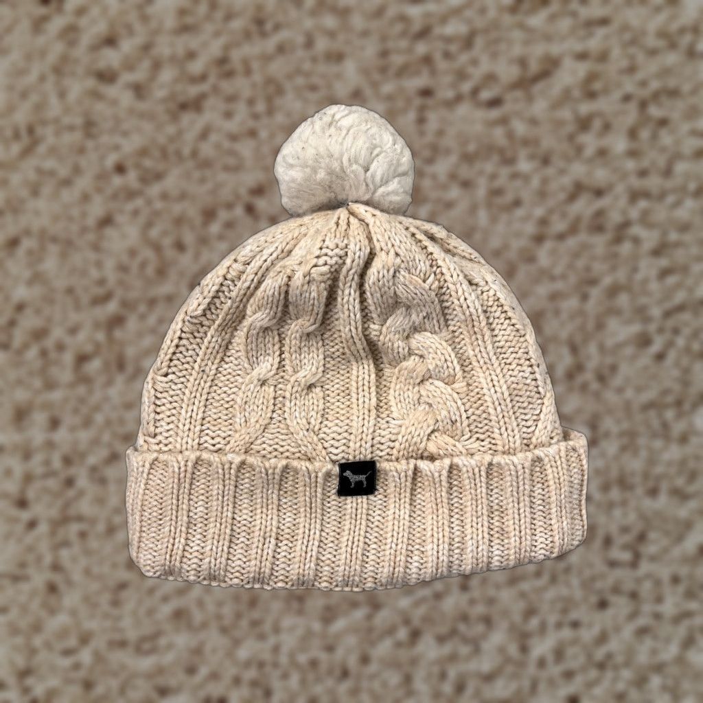 Victoria's Secret Victoria's Secret Beanie Adult One Size Ivory Pom PINK Poly Sherpa Lined Knit Logo Women Size ONE SIZE - 1 Thumbnail