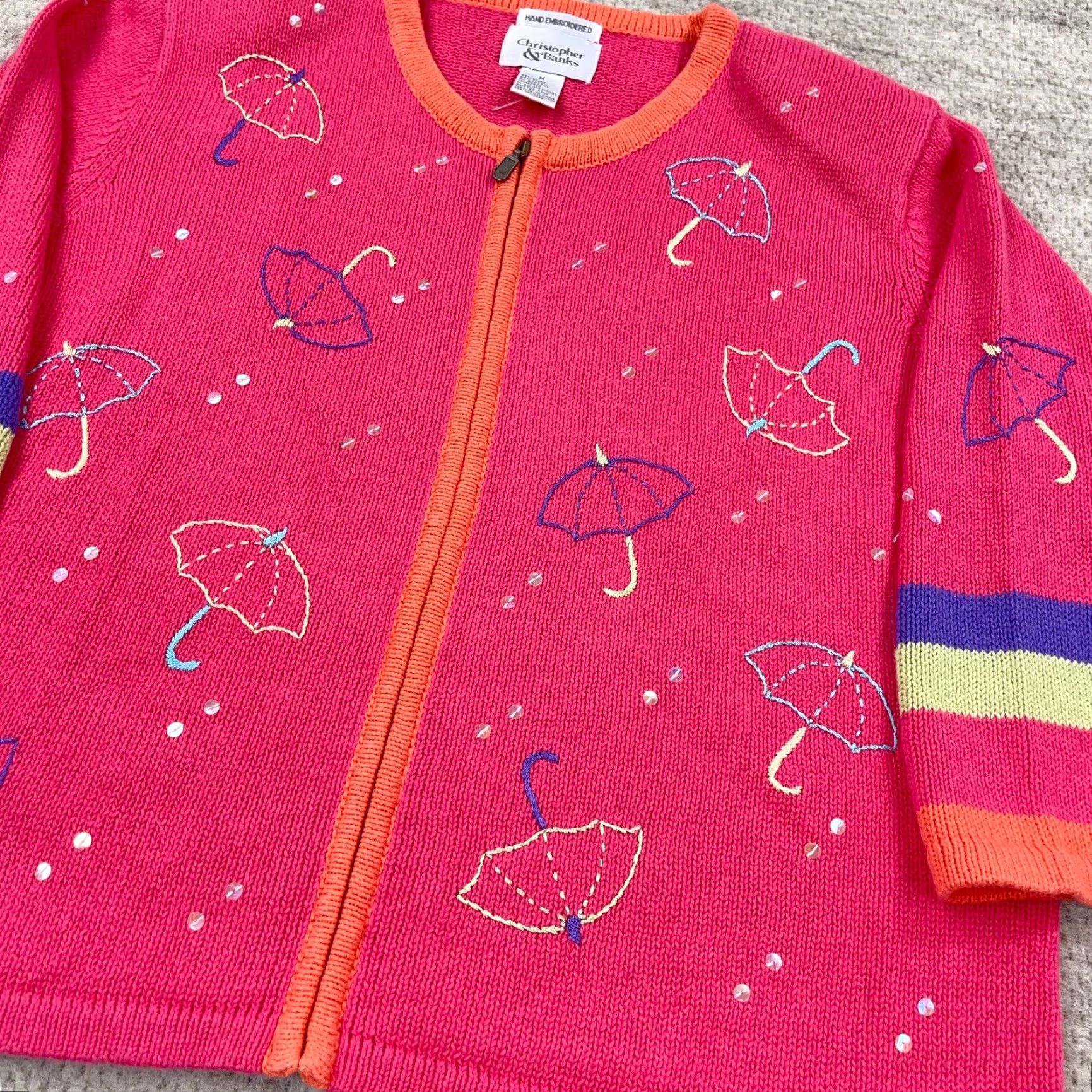 Vintage VINTAGE Christopher & Banks Cardigan Sweater Women M Pink Umbrella Full Zip Geometric Knit Pattern 90s/Classic Indoor Outdoor Casual Size M / US 6-8 / IT 42-44 - 5 Thumbnail