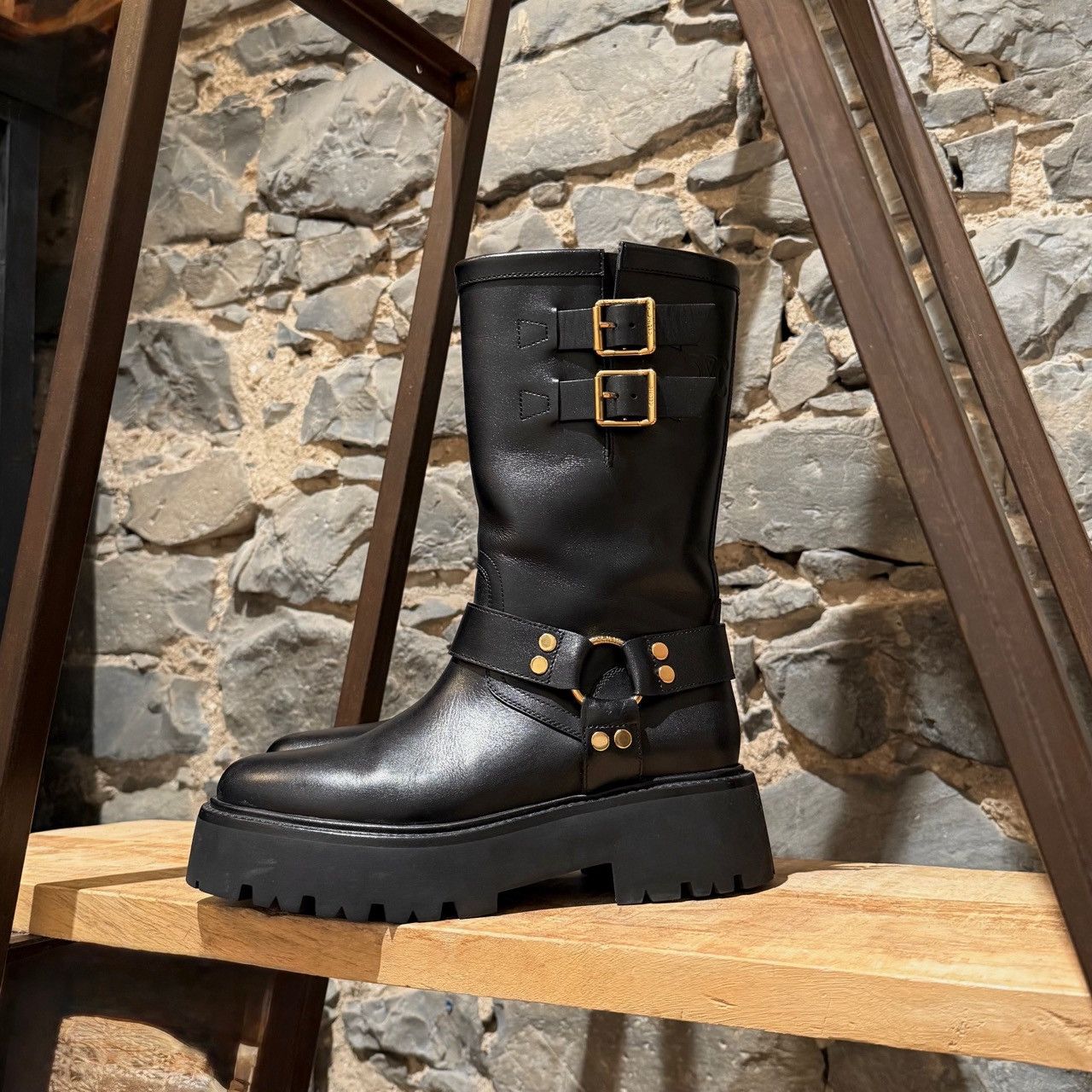 Celine Celine Black Leather Harness Bulky Biker Mid Boots Size US 10.5 / IT 40.5 - 6 Thumbnail