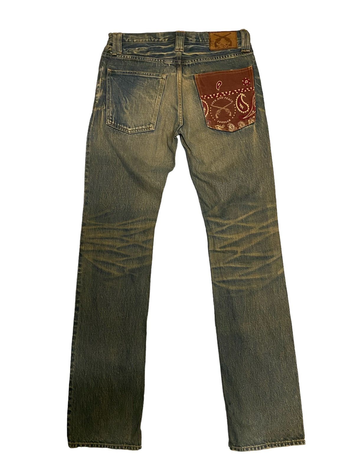 image of Distressed Denim x Roar Offervintage Roar Love And Peace Distress Denim Jeans in Blue (Size 31)
