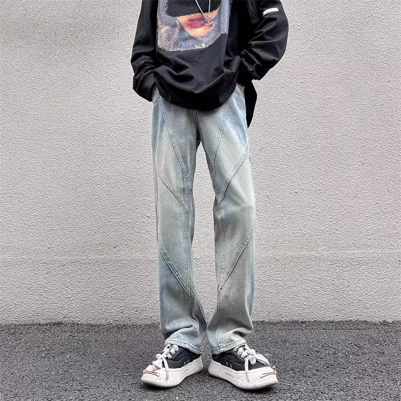 image of Retro Patchwork Straight Leg Jeans in Blue, Men's (Size 32)