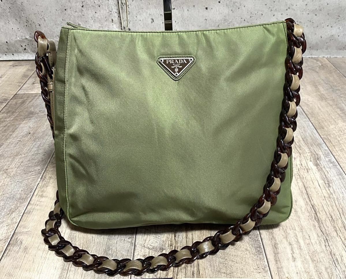 image of Prada Green Tessuto Nylon Chain Shoulder Bag, Women's