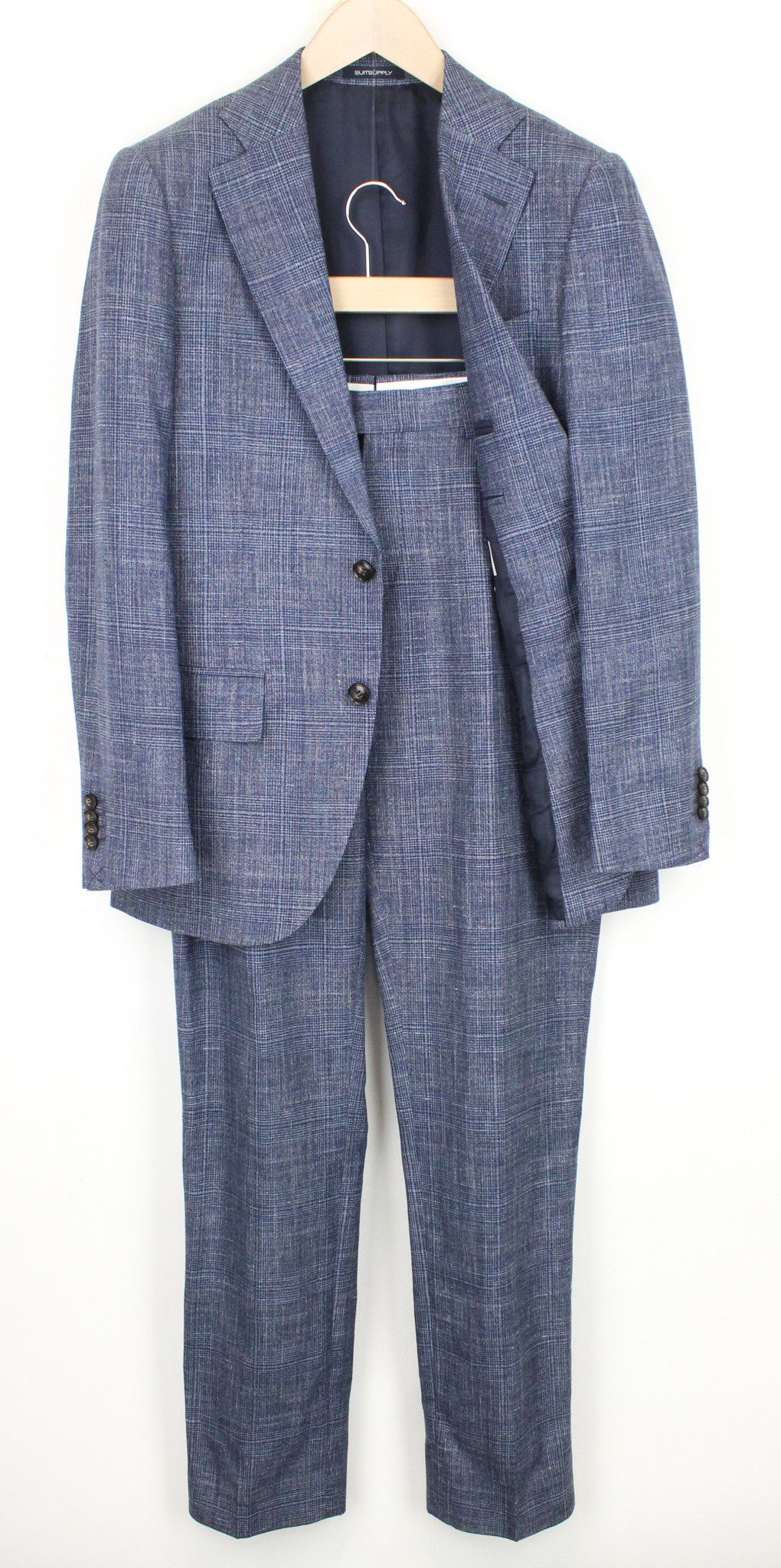 image of Suitsupply Lazio Uk36R Blue Slim Glen Check Wool Silk Linen Suit 67525, Men's