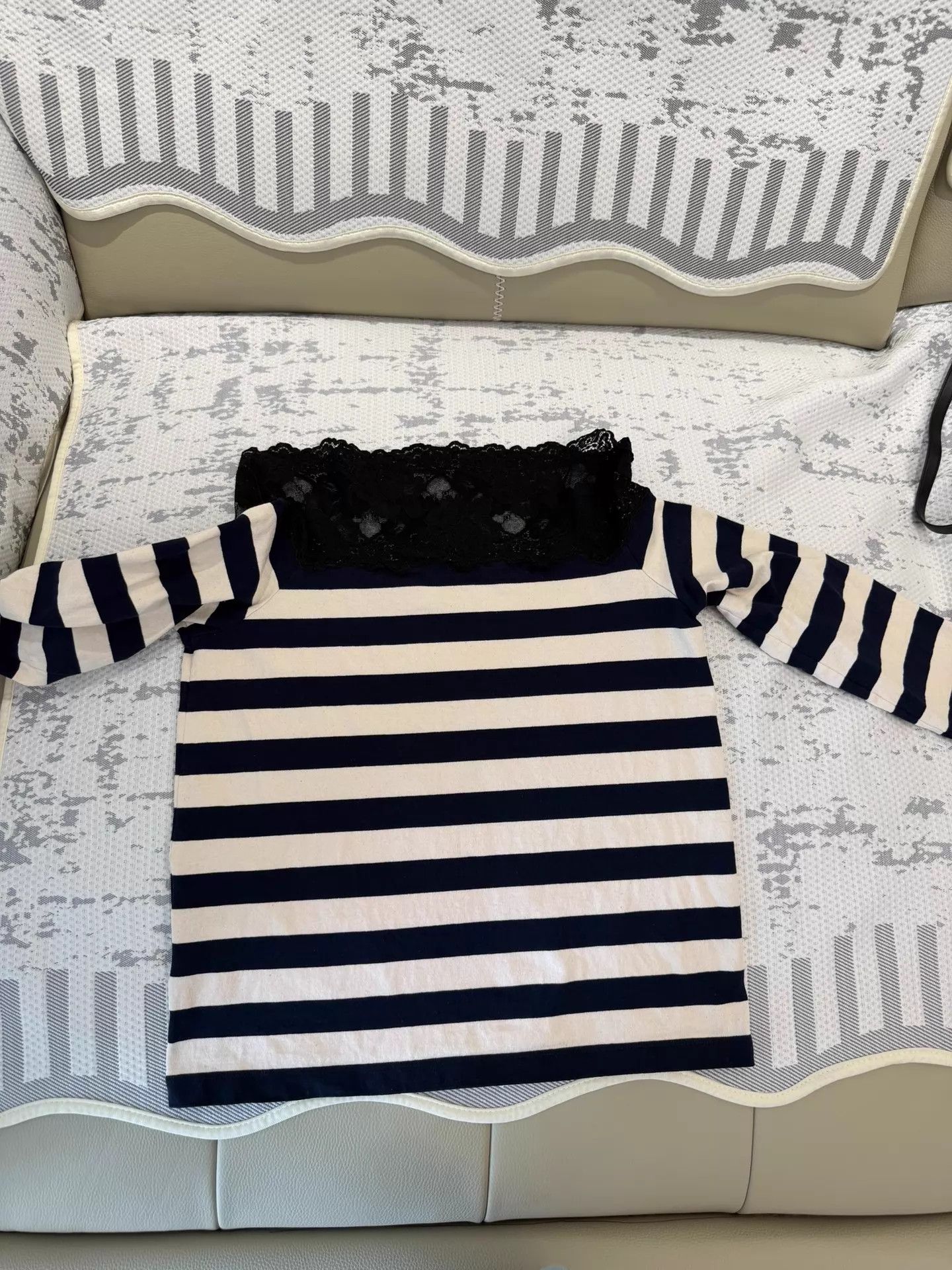 Miu Miu MIU MIU Lace-Paneled Striped Knit Off-Shoulder Top S Size S / US 4 / IT 40 - 6 Thumbnail