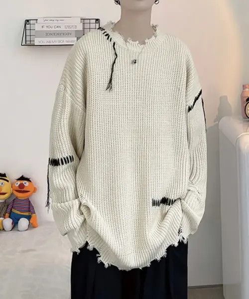 Japanese Brand Korean fashion beige distressed knit sweater knitwear Size US XL / EU 56 / 4 - 1 Thumbnail
