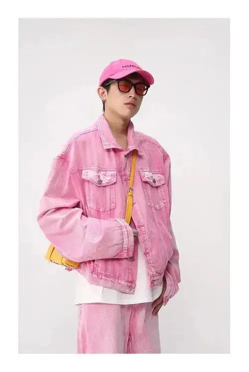 Japanese Brand Casual Korean Pink Set Suit Solid Jeans + Jacket Coat Size 40R - 4 Thumbnail
