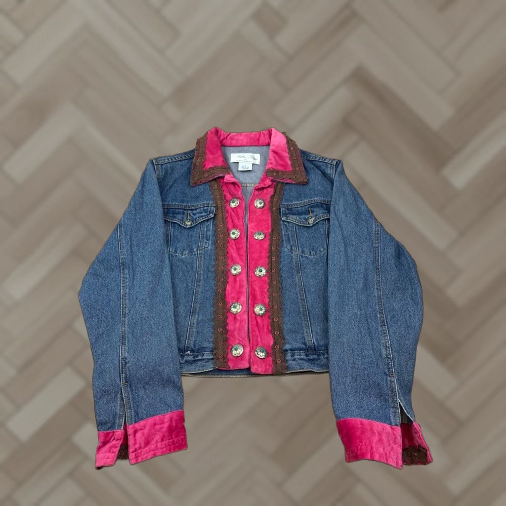 Vintage VINTAGE TASHA POLIZZI Saddle Blanket Embellished Southwestern Jean Jacket Lg #4020 Size 36" / US 14 / IT 50 - 1 Thumbnail