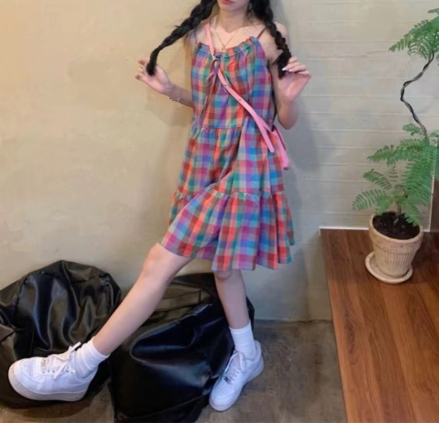 image of Vintage Dopamine Colored Plaid Suspender Pleated Dress, Women's (Size Medium)