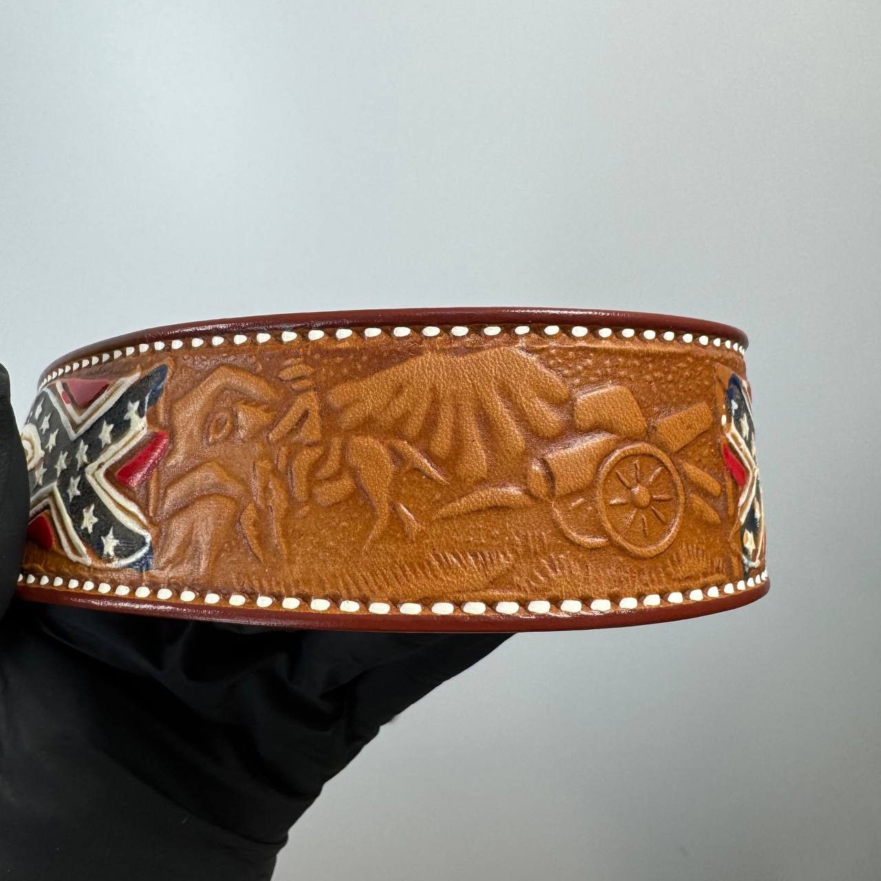 Stars & Stripes Vintage Stars And Stripes Western Leather Belt Tooled Brown Size 34 - 7 Thumbnail