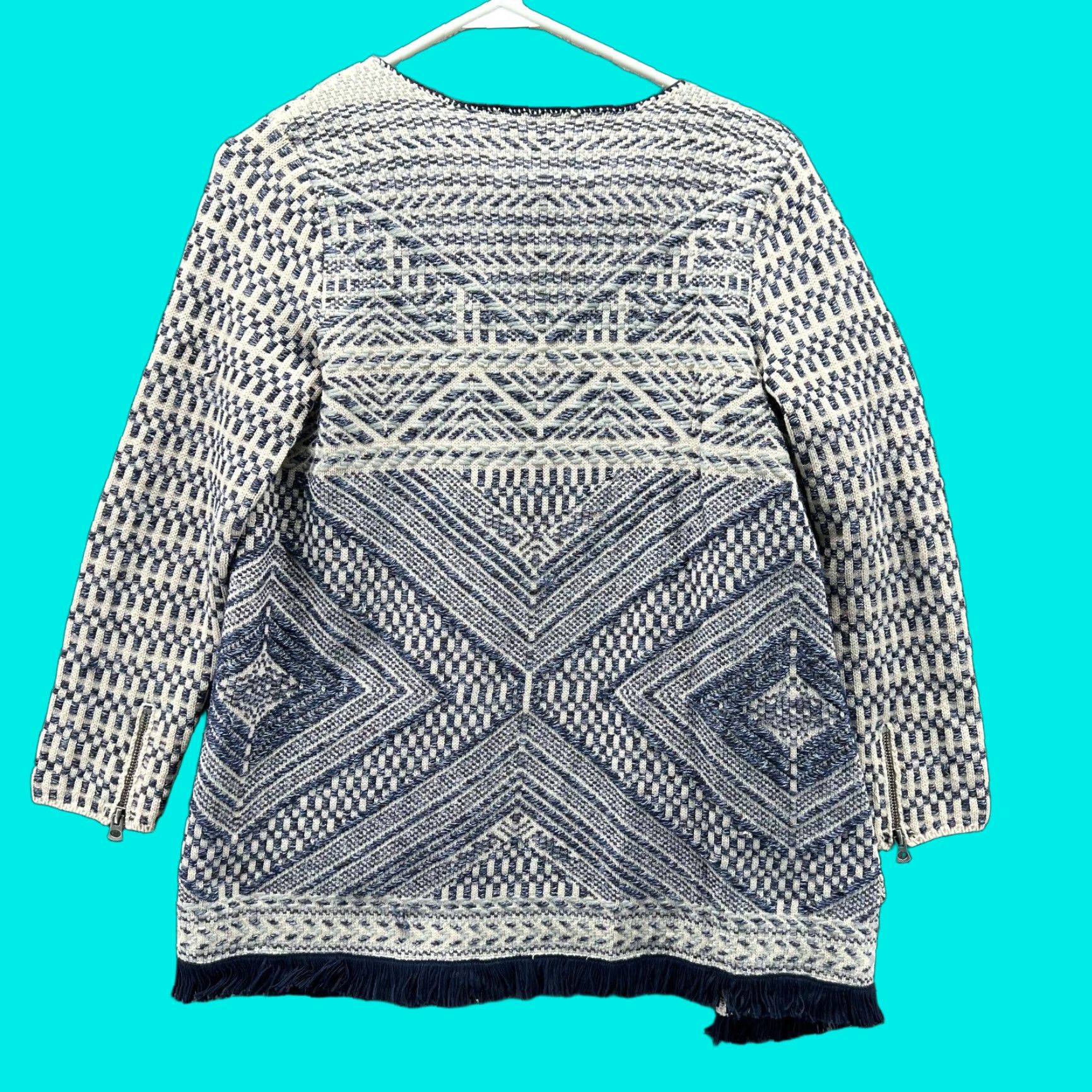 Lucky Brand Lucky Brand Cardigan Women Small Blue White Fringe Knit Boho Open Front Sweater Size S / US 4 / IT 40 - 1 Thumbnail