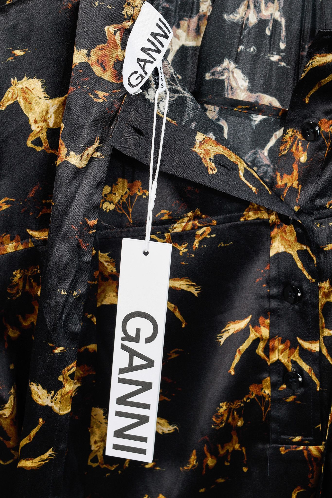 Ganni Ganni Black Silk Satin Horse-Print Tie-Neck Blouse Size XS / US 0-2 / IT 36-38 - 8 Thumbnail