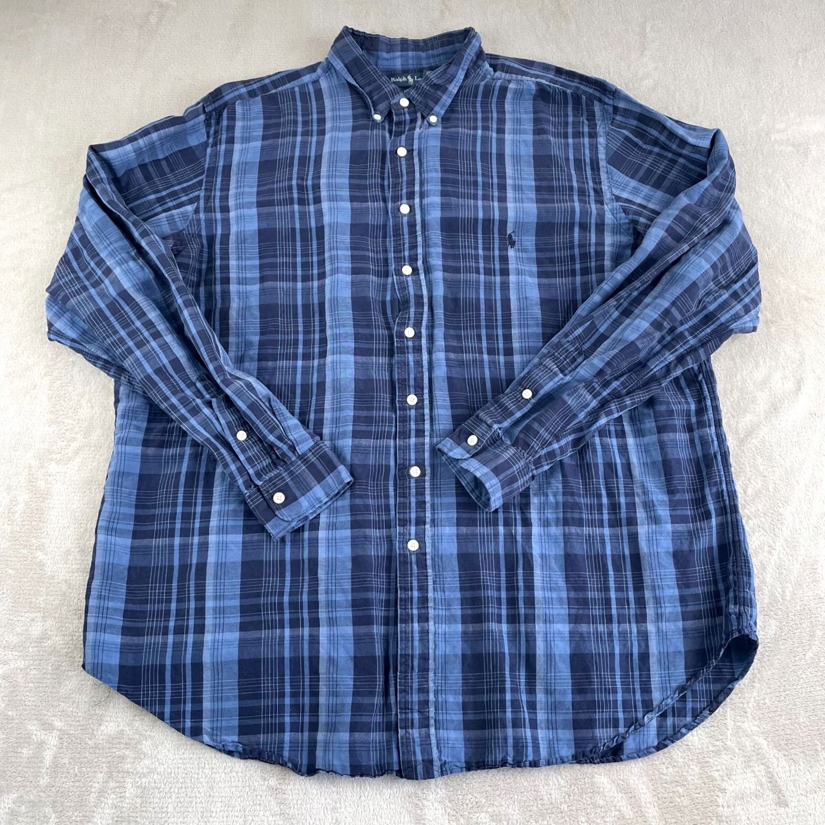 Polo Ralph Lauren VINTAGE Polo Ralph Lauren Shirt Men 2XLT Tall Blue Plaid Silk Linen Pony Preppy Size US XXL / EU 58 / 5 - 4 Thumbnail