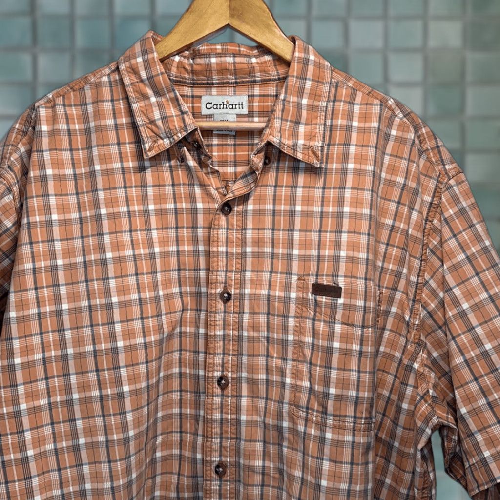 Carhartt Carhartt Mens Orange Gray Plaid Short Sleeve Button Up Shirt 2XL Cotton Multicolor Mens Shirts Size US XXL / EU 58 / 5 - 1 Thumbnail