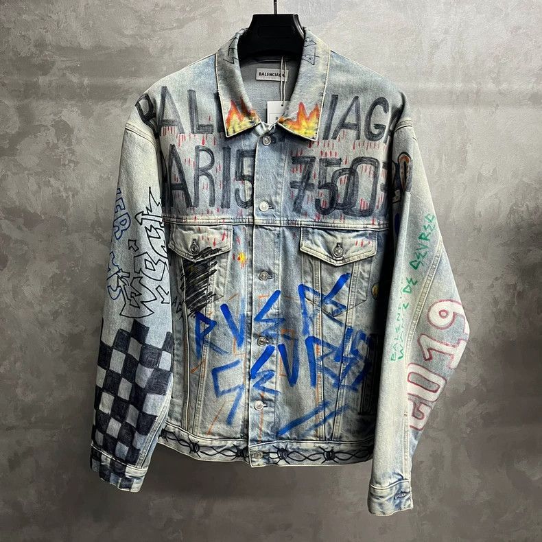 Balenciaga Balenciaga latest blue checkered graffiti logo denim jacket Size US XS / EU 42 / 0 - 1 Thumbnail