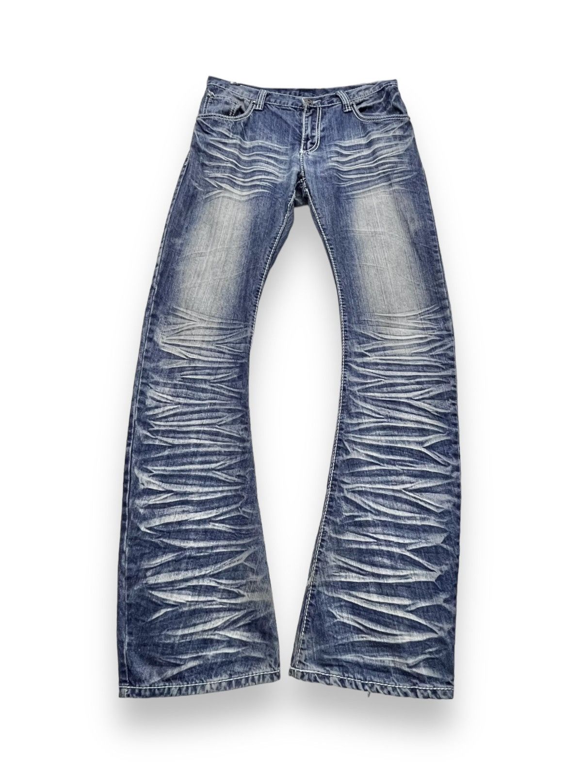Japanese Brand FYE🔥EVOLUTION JAPAN Punk Curve Leg Flare Whiskered Denim💥 Size US 31 - 2 Thumbnail
