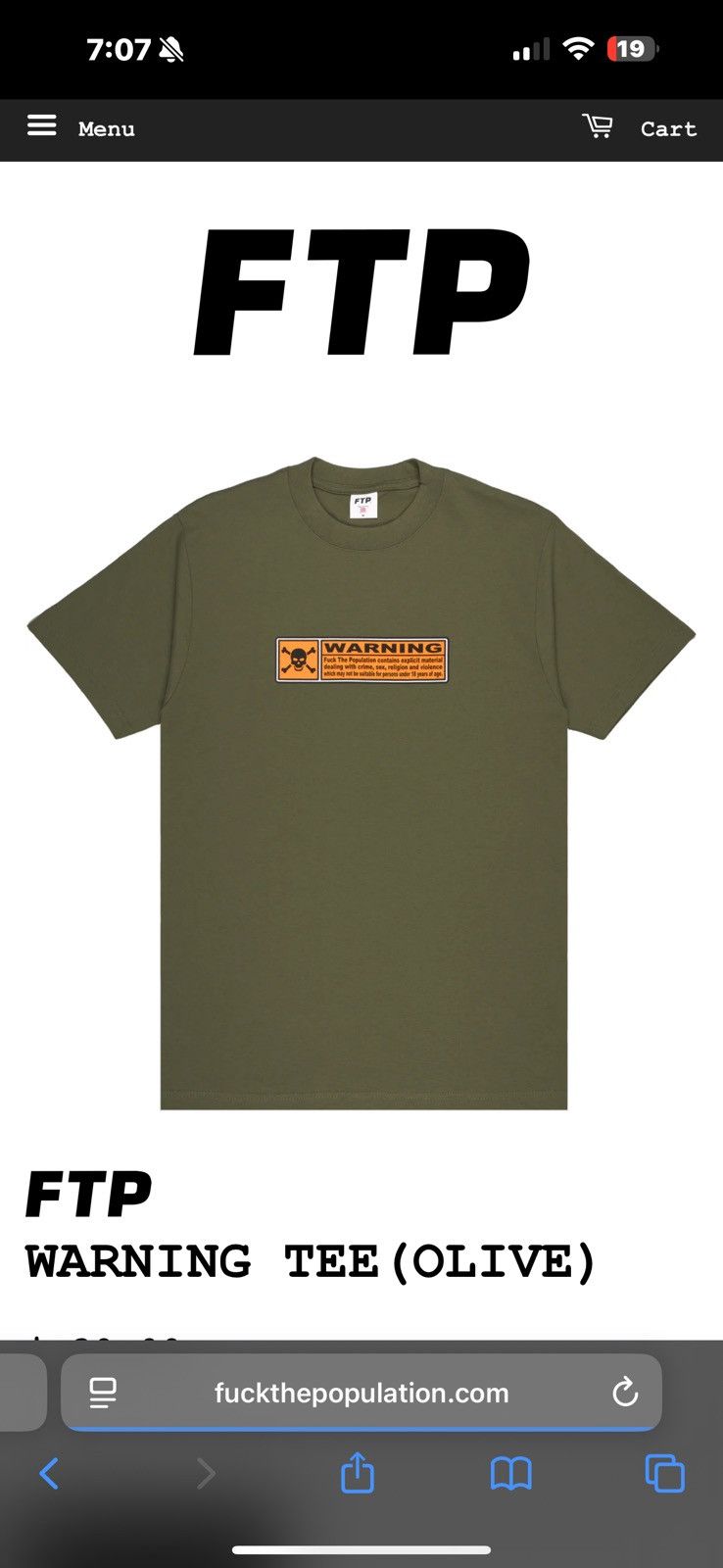 Fuck The Population FTP WARNING TEE (OLIVE) Size US S / EU 44-46 / 1 - 1 Thumbnail