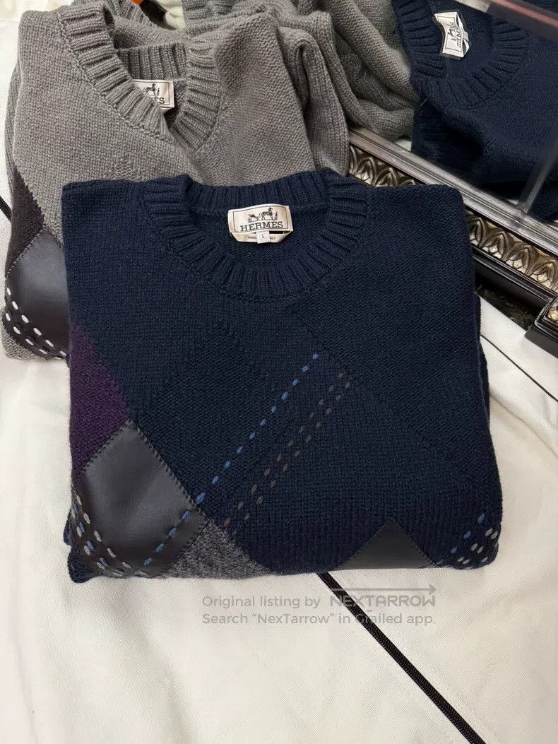 Hermes Hermes Men's Knit and Leather Embellished Fashion Sweater Size US L / EU 52-54 / 3 - 7 Thumbnail