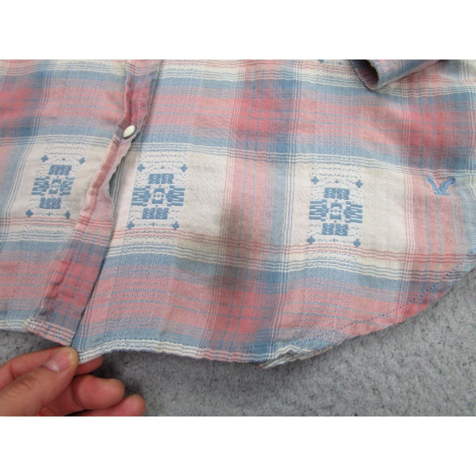 American Eagle Outfitters American Eagle Plaid Long Sleeve Shirt Womens Small Pink Blue Embroidered Snap Button-Up Western Cowgirl Bohemian Womens Size S / US 4 / IT 40 - 3 Thumbnail