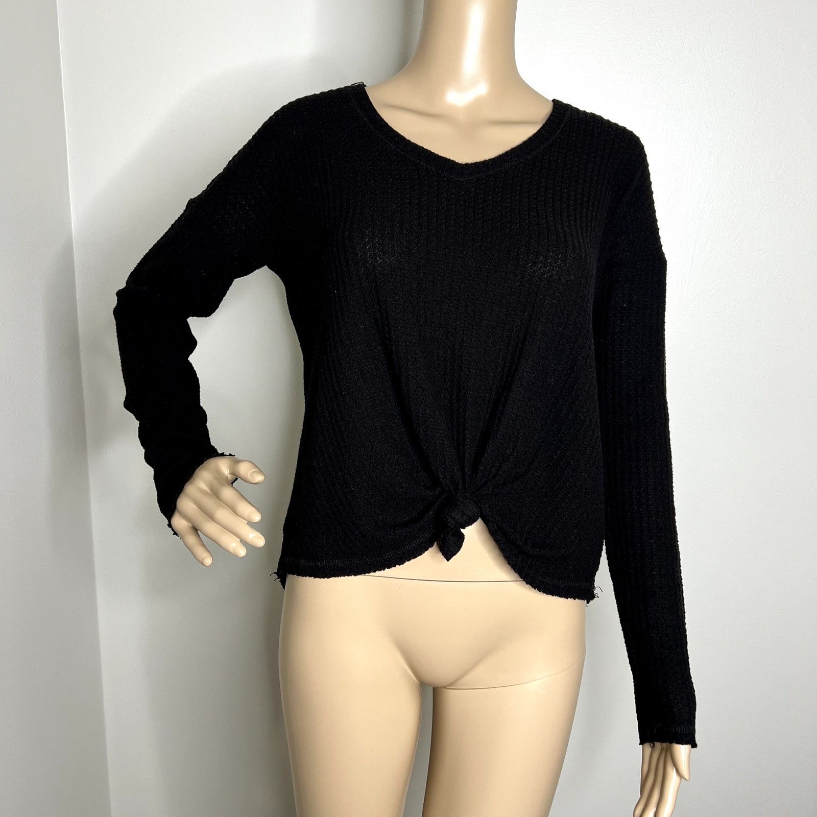 Other Mudd Black Waffle Knit Tie Long Sleeve Top Size XS / US 0-2 / IT 36-38 - 8 Thumbnail