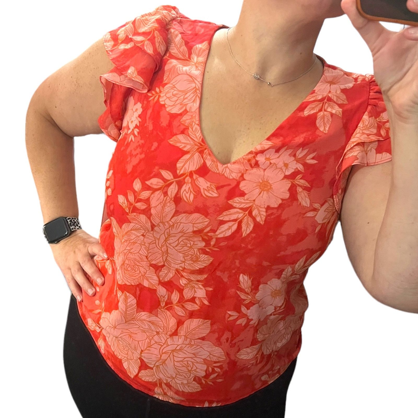 Other Floral Ruffle Short Sleeve V-Neck Fully Lined Chiffon Blouse Size S / US 4 / IT 40 - 2 Thumbnail