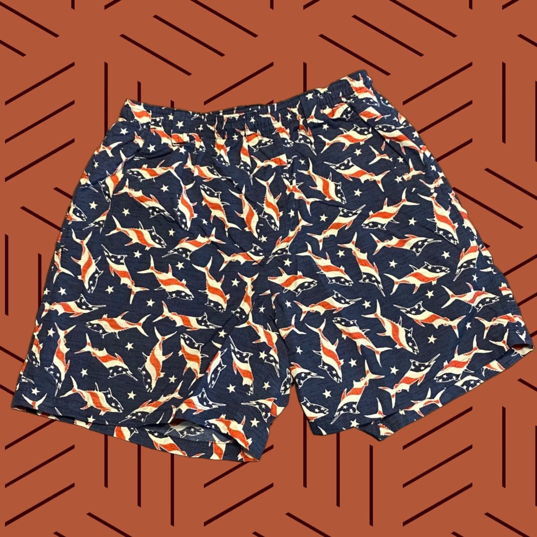 Vintage Columbia PFG Swim Trunks Mens S Blue Red Fish Drawstring Board Shorts 6" Beach Sports Mens Size US 29 - 1 Thumbnail