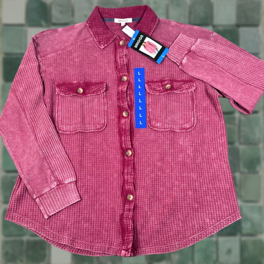 Vintage BRIGGS Button-Up Shirt Waffle Knit Long Sleeve Pink Women Regular Large Adult Womens Shacket Thermal Pockets Size L / US 10 / IT 46 - 1 Thumbnail