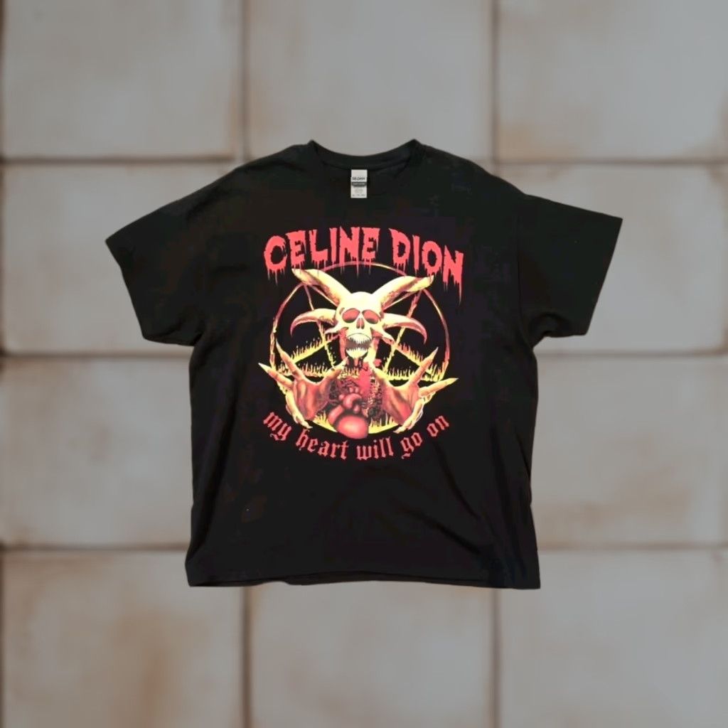 Gildan Celine Dion T-Shirt Metal Heart 80s 90s Retro Gildan Heavy Cotton Black XL Unisex Adults Short Sleeve Round Neck Boys Girls Mens Womens Size US XL / EU 56 / 4 - 1 Thumbnail