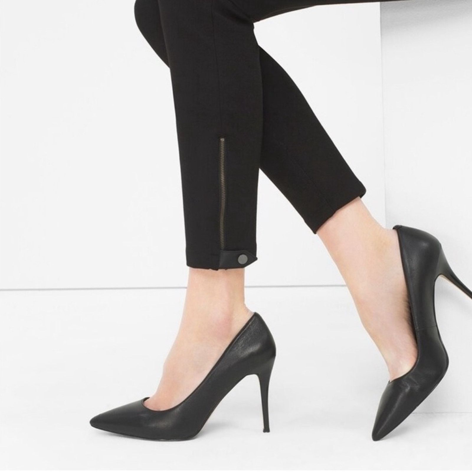 White House Black Market WHBM Black Faux Leather Trim Skinny Leg Pants Sz 10R Size 30" / US 8 / IT 44 - 3 Thumbnail