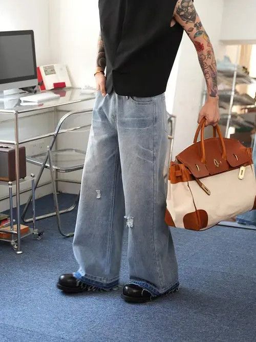 Jean Distressed Wide Leg Denim Jeans Ripped VIntage Size US 32 / EU 48 - 4 Thumbnail