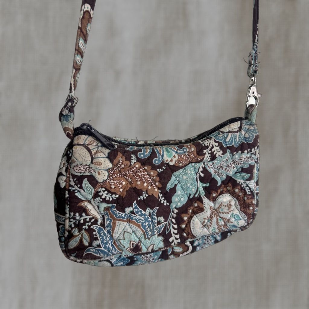 Vintage Vera Bradley Crossbody Purse Small Brown Blue Floral Womens